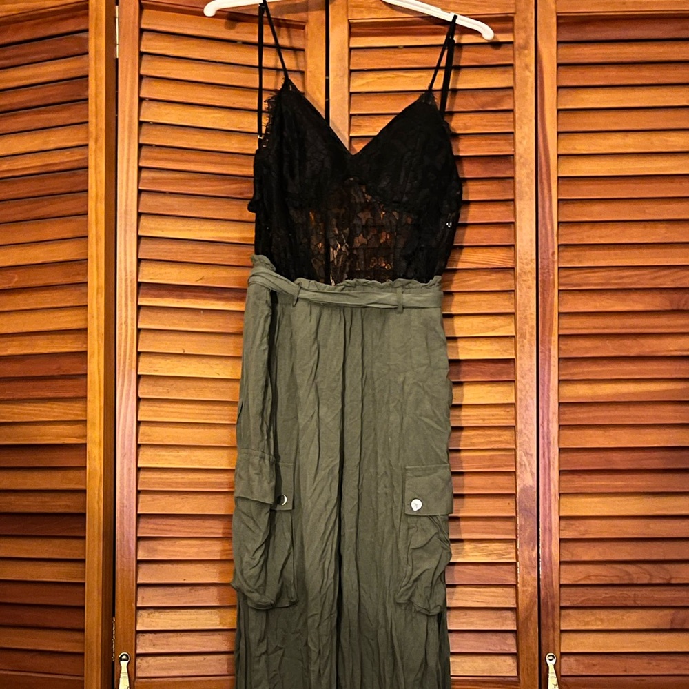 Charlotte Russe Black Lace & Olive Green Utility Jumpsuit - Picture 2 of 6